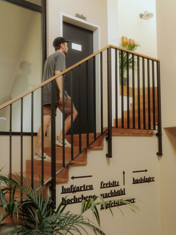 tobel1853 glimpse – signpost in the stairwell pointing to the Stube, hofgarten and freisitz
