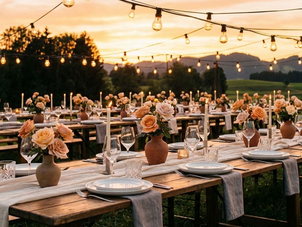 Romantisches Abendessen im Freien bei Sonnenuntergang im tobel1853