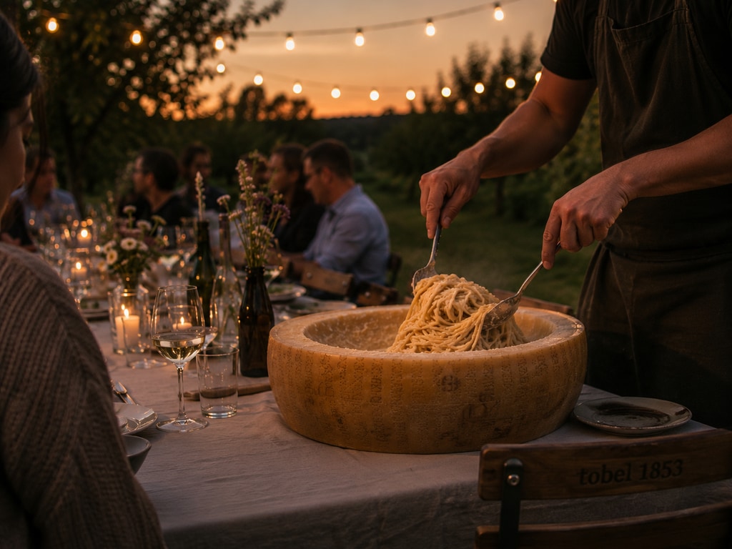 Pasta aus dem Parmesanlaib beim Apfelgarten-Dinner im tobel1853