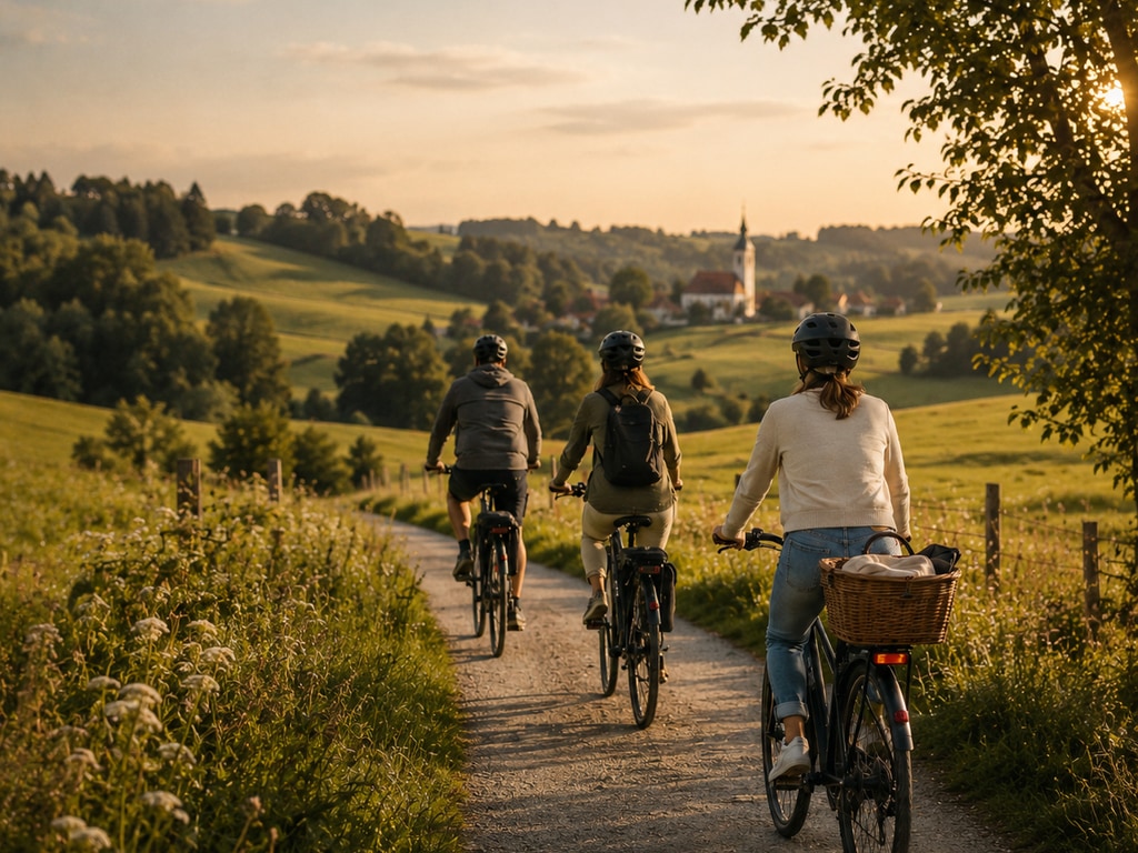 Drei Radfahrer:innen auf einem Feldweg durchs Allgäu im Abendlicht